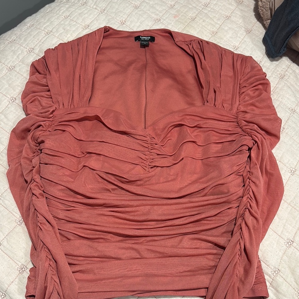 Ruched Coral Long Sleeve Top